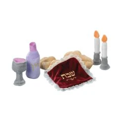 My Soft Shabbat Set Plush Toys - Includes 2 Candlesticks, 1 Wine Bottle, 1 Kiddush Cup, 2 Challahs, And 1 Challah Cover