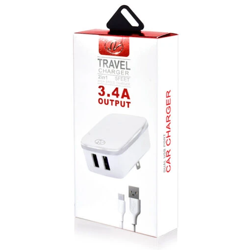 2in1 Universal Dual Port Travel Charger 3.4A Lightning (White Or Black) -Cuddle House Toys Shop 2in1UniversalDualPortTravelCharger3.4ALightning4