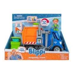 Blippi Recycling Truck - Includes Character Toy Figure, Working Lever, 1 Trash Cubes, 1 Recycling Bins - Sing Along With Popular Catchphrases
