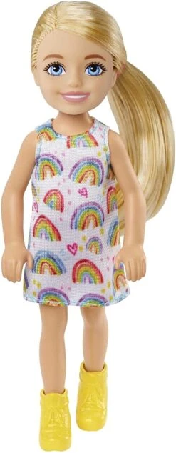 Barbie Chelsea Doll (Blonde) Wearing Rainbow-Print Dress And Yellow Shoes, Toy For Kids Ages 3 Years Old & Up