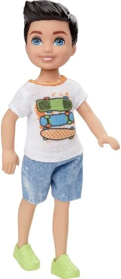 Barbie Club Chelsea Boy Doll (6-inch Brunette) Wearing Skateboard Graphic Shirt And Shorts, For 3 To 7 Year Olds