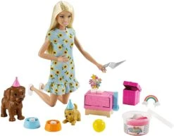 Barbie Doll (11.5-inch Blonde) And Puppy Party Playset With 2 Pet Puppies, Dough, Cake Mold And Accessories, Gift For 3 To 7 Year Olds