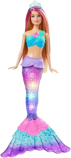 Barbie Dreamtopia Twinkle Lights Mermaid Doll (12 In, Blonde) With Water-Activated Light-Up Feature And Pink-Streaked Hair