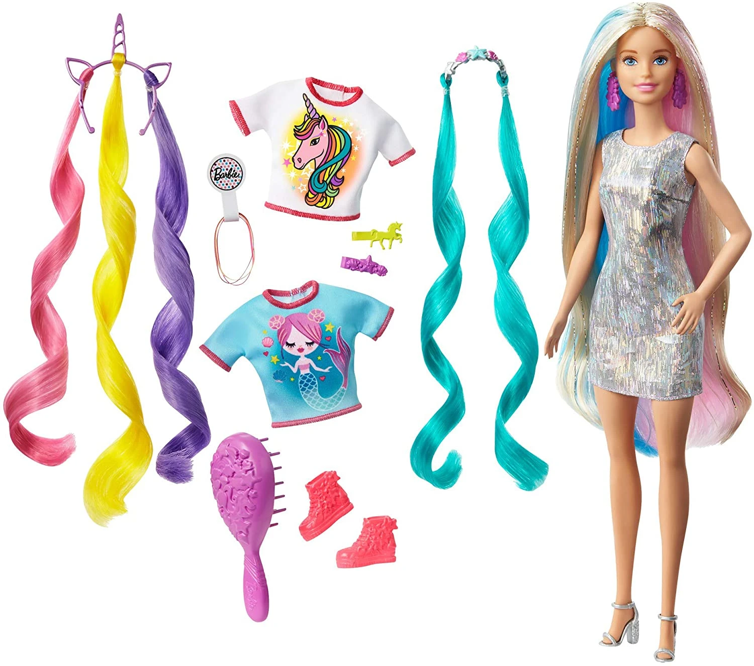 Barbie Fantasy Hair Doll, Blonde, With 2 Decorated Crowns, 2 Tops & Accessories For Mermaid And Unicorn Looks, Plus Hairstyling Pieces 1 Barbie Fantasy Hair Doll, Blonde, With 2 Decorated Crowns, 2 Tops & Accessories For Mermaid And Unicorn Looks, Plus Hairstyling Pieces