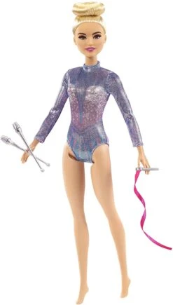 Barbie Rhythmic Gymnast Blonde Doll With Colorful Metallic Leotard, 2 Clubs & Ribbon Accessory