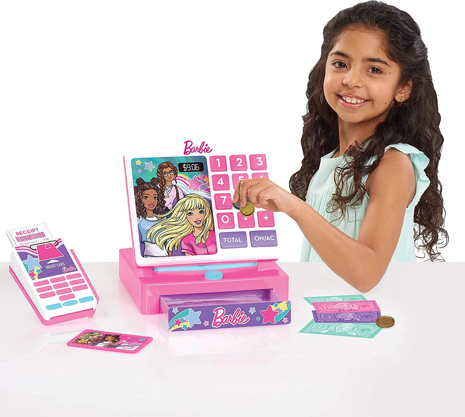 Barbie Trendy Cash Register With Sounds, Pretend Money, And Credit Card Reader, 9 Piece Playset, By Just Play 2 Barbie Trendy Cash Register With Sounds, Pretend Money, And Credit Card Reader, 9 Piece Playset, By Just Play - Image 2