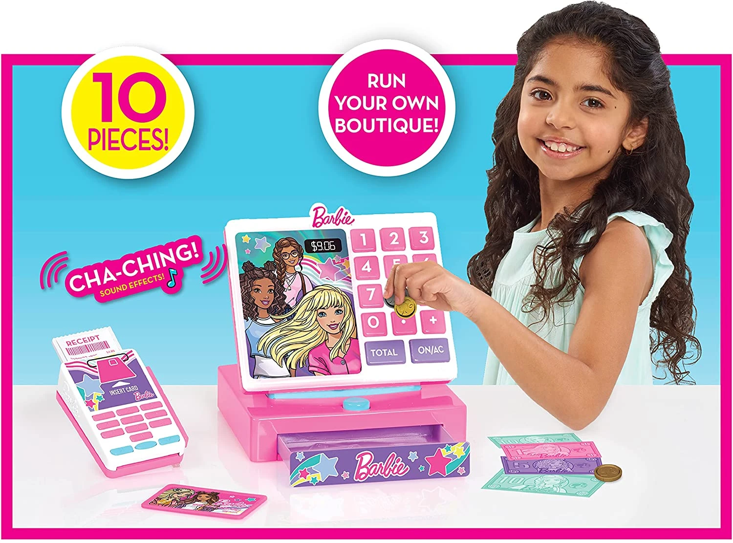 Barbie Trendy Cash Register With Sounds, Pretend Money, And Credit Card Reader, 9 Piece Playset, By Just Play 5 Barbie Trendy Cash Register With Sounds, Pretend Money, And Credit Card Reader, 9 Piece Playset, By Just Play - Image 5