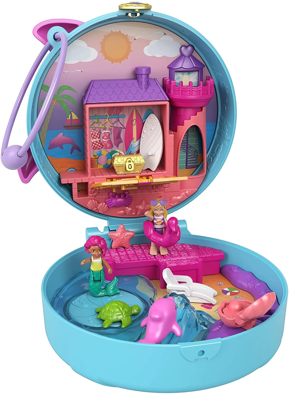 Polly Pocket Dolphin Beach Compact, Beach-Adventure Theme With Micro Polly & Mermaid Doll, 5 Reveals & 13 Accessories, Pop & Swap Feature 1 Polly Pocket Dolphin Beach Compact, Beach-Adventure Theme With Micro Polly & Mermaid Doll, 5 Reveals & 13 Accessories, Pop & Swap Feature