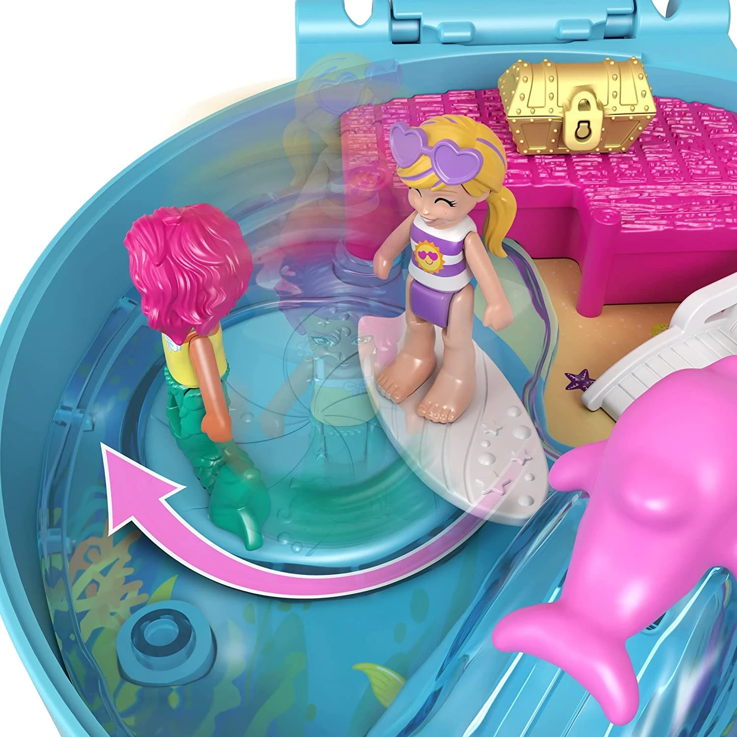 Polly Pocket Dolphin Beach Compact, Beach-Adventure Theme With Micro Polly & Mermaid Doll, 5 Reveals & 13 Accessories, Pop & Swap Feature 7 Polly Pocket Dolphin Beach Compact, Beach-Adventure Theme With Micro Polly & Mermaid Doll, 5 Reveals & 13 Accessories, Pop & Swap Feature - Image 7