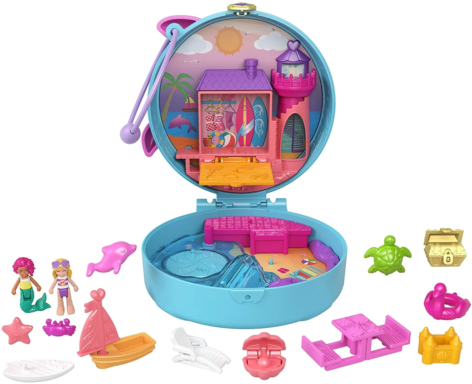 Polly Pocket Dolphin Beach Compact, Beach-Adventure Theme With Micro Polly & Mermaid Doll, 5 Reveals & 13 Accessories, Pop & Swap Feature 10 Polly Pocket Dolphin Beach Compact, Beach-Adventure Theme With Micro Polly & Mermaid Doll, 5 Reveals & 13 Accessories, Pop & Swap Feature - Image 10