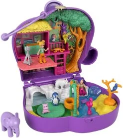 Polly Pocket Elephant Adventure Compact, Animal Theme With Micro Polly & Bella Dolls, 5 Reveals & 13 Related Accessories, Pop & Swap Feature