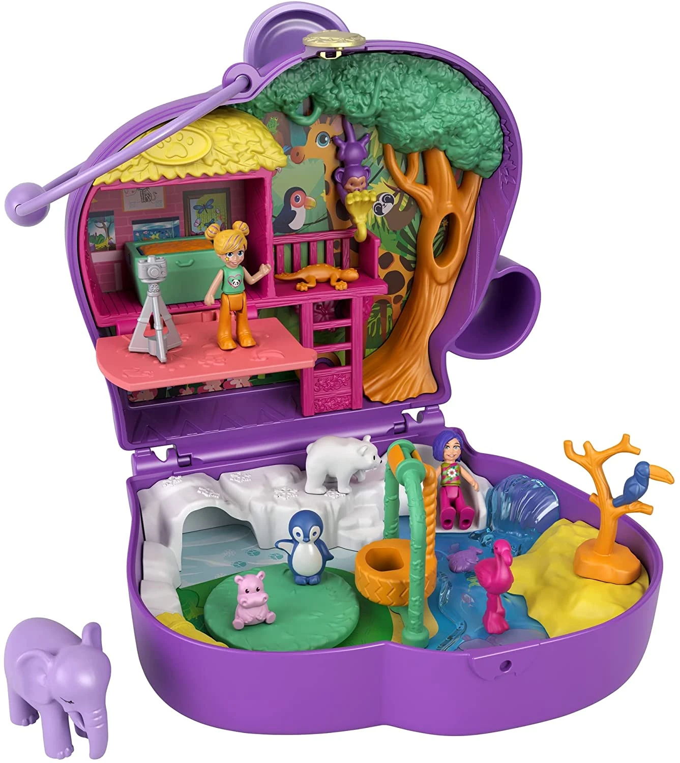 Polly Pocket Elephant Adventure Compact, Animal Theme With Micro Polly & Bella Dolls, 5 Reveals & 13 Related Accessories, Pop & Swap Feature 1 Polly Pocket Elephant Adventure Compact, Animal Theme With Micro Polly & Bella Dolls, 5 Reveals & 13 Related Accessories, Pop & Swap Feature