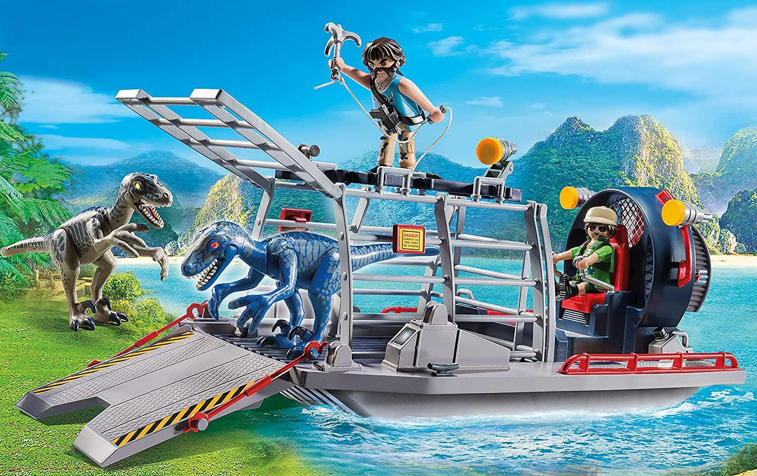 PLAYMOBIL Enemy Airboat With Raptor Building Set - Includes Two Figures, Two Dinosaurs, Removable Cage, Grappling Hook, Gas Can 2 PLAYMOBIL Enemy Airboat With Raptor Building Set - Includes Two Figures, Two Dinosaurs, Removable Cage, Grappling Hook, Gas Can - Image 2