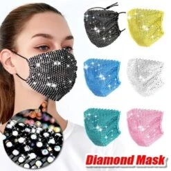 Shiny Rhinestone Mesh Mask Multicolor Crystal Masquerade Face Mask Jewelry For Women (White, Black, Pink, Orange-Red, Lake Blue, Yellow)